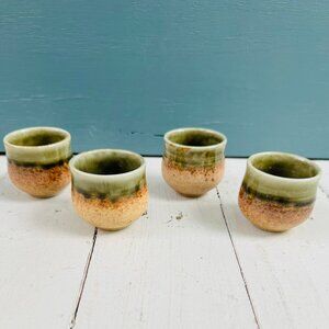 Ochoko cups, set of four, Japanese mino wear sake cups, blue and brown ceramic